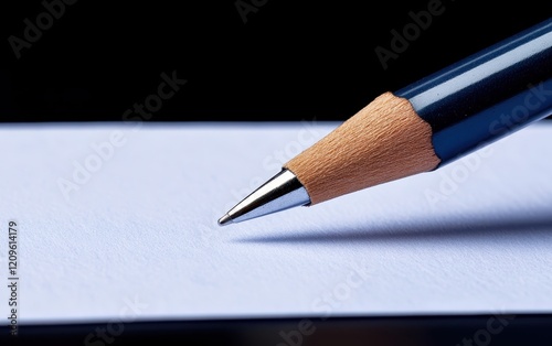 A detailed close-up showcasing a pencil tip resting on a textured piece of paper, highlighting the fine point and writing surface interaction. photo