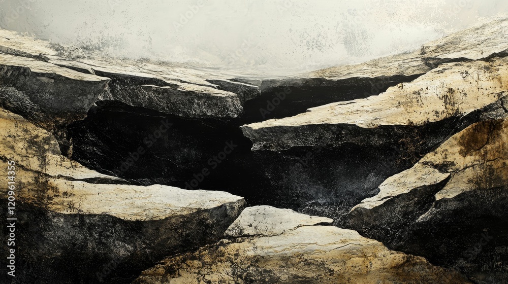 Rough, light rocks surround a dark, deep opening. Rough, light rocks surround a dark, deep opening.