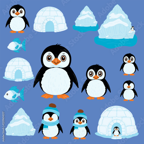 "Penguin Pals" is an adorable collection featuring little and adult penguins, ice floes, fish, and charming Arctic scenes. Perfect for winter-themed designs, children's illustrations, greeting cards, 