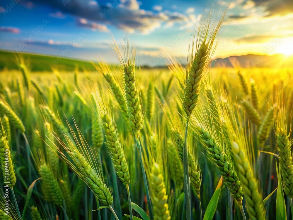Panoramic View of Young Organic Wheat Field Swaying Gently in the Breeze Panoramic View of Young Organic Wheat Field Swaying Gently in the Breeze
