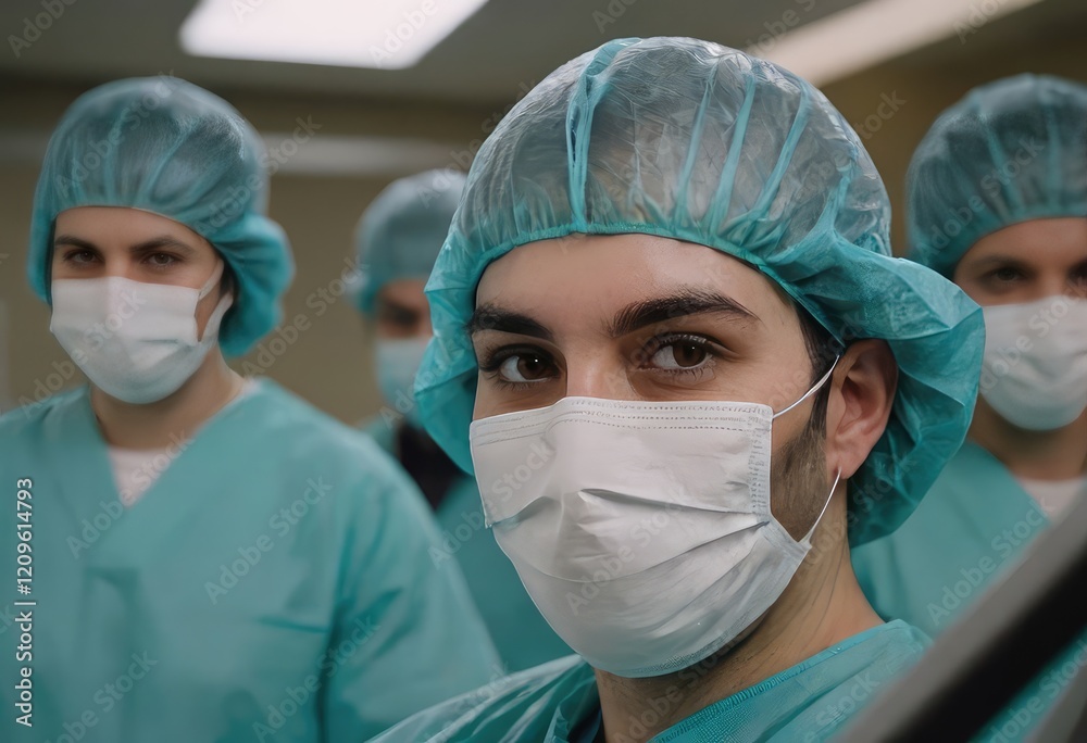 A group of skilled surgeons who are wearing surgical caps and masks A group of skilled surgeons who are wearing surgical caps and masks