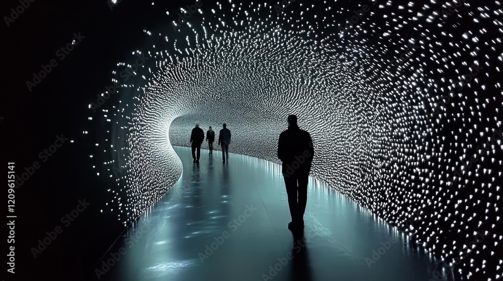 Silhouettes of People Walking Through a Starry Tunnel