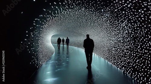 Obraz na płótnie Silhouettes of People Walking Through a Starry Tunnel w salonie