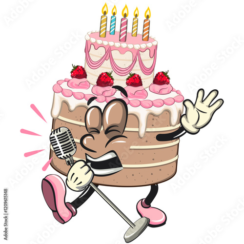 cute birthday and weading tart cake cartoon character mascot sing earnestly with maximum style, work of hand drawn