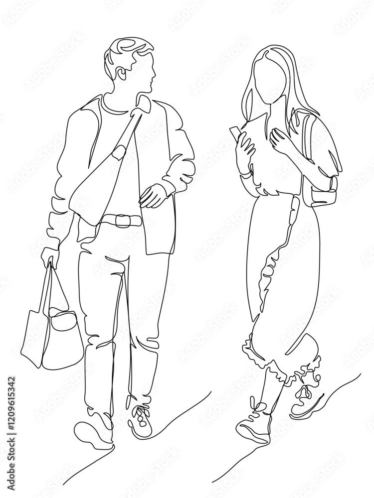 Man and woman talking and walking. Man carrying bag. Continuous line drawing. Black and white vector in line art style. Man and woman talking and walking. Man carrying bag. Continuous line drawing. Black and white vector in line art style.