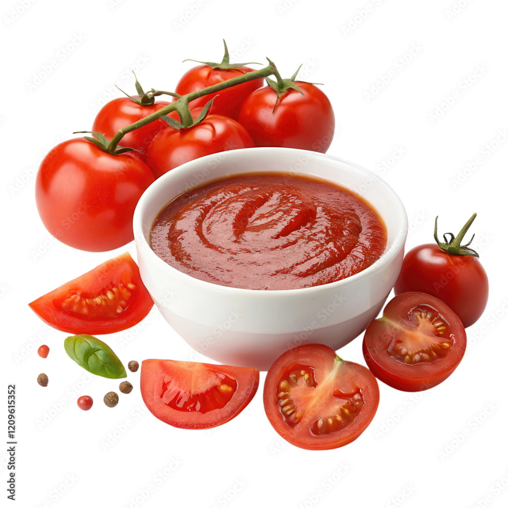 Fresh tomatoes and tomato sauce. on transparent cutout, PNG file Fresh tomatoes and tomato sauce. on transparent cutout, PNG file