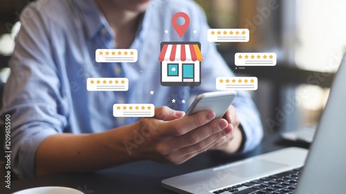 Person holds smartphone showing store map with star ratings