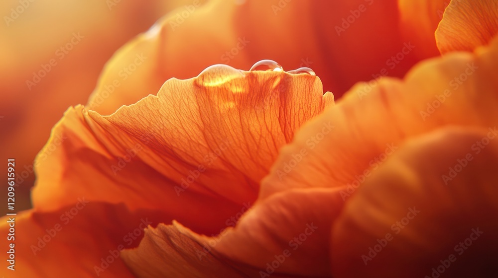 Close-up of orange flower petal with dewdrop. Close-up of orange flower petal with dewdrop.