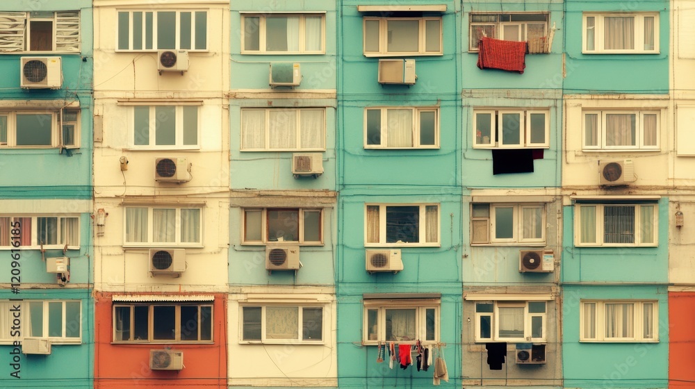A weathered building features numerous windows, adorned with colorful clothes hanging outside, showcasing a vibrant urban lifestyle. A weathered building features numerous windows, adorned with colorful clothes hanging outside, showcasing a vibrant urban lifestyle.