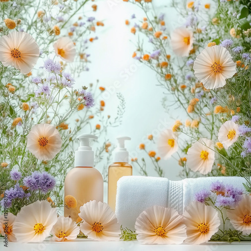 Natural spa concept with a lot flowers, cosmetic products and towel