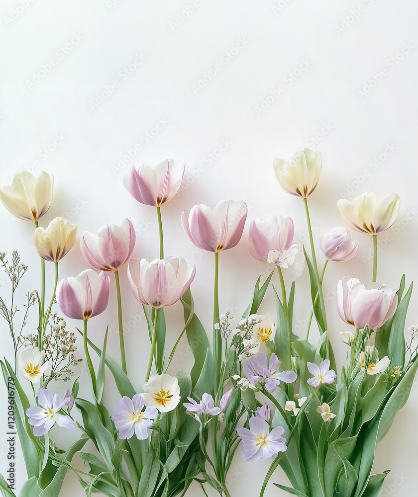 Springtime background with pale tulip flowers border on white background Springtime background with pale tulip flowers border on white background