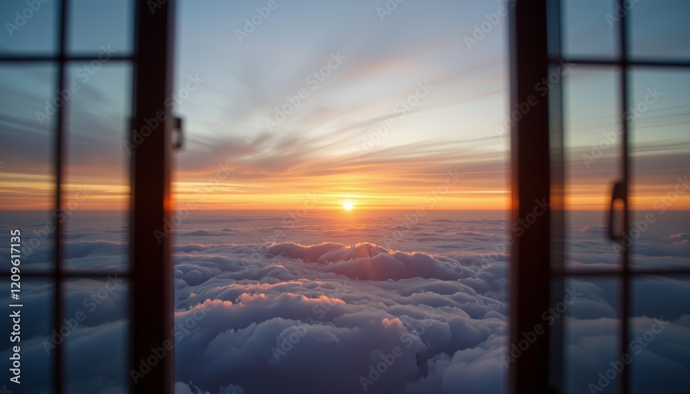 Sunrise view through open window above clouds Sunrise view through open window above clouds