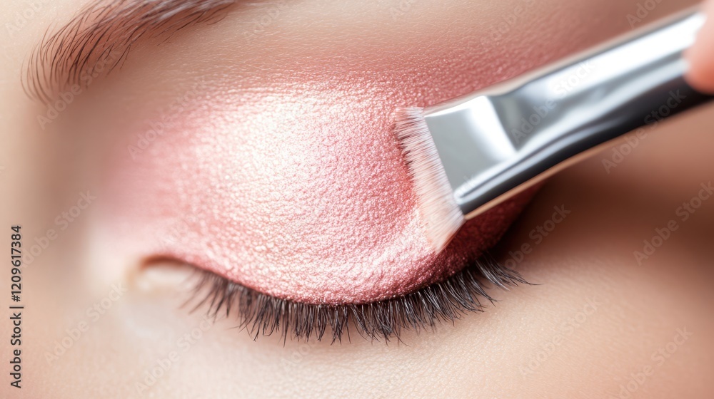 A person gently applies pink eye shadow with a brush, showcasing makeup artistry and attention to detail in beauty application techniques. A person gently applies pink eye shadow with a brush, showcasing makeup artistry and attention to detail in beauty application techniques.