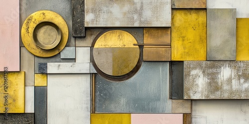 Geometric abstract wall art featuring metallic gold and muted tones of gray beige and pink arranged in a textured mosaic pattern