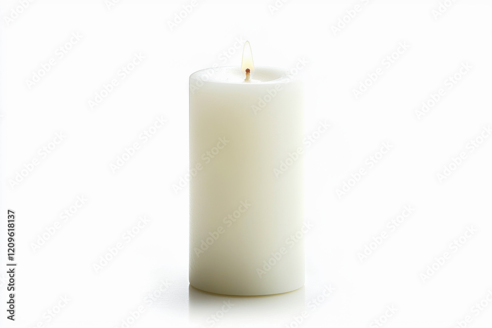 Elegant white pillar candle glowing softly in a serene environment during a calm evening Elegant white pillar candle glowing softly in a serene environment during a calm evening