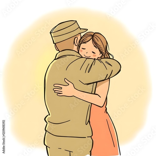 Heartfelt Soldier and Family Reunion Hug – Emotional Hand-Drawn Illustration