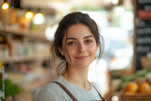 A radiant smile from a friendly shop employee, showcasing a positive and welcoming atmosphere in a healthy food store. photo