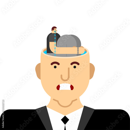 Illustration of concept of loneliness. Sad guy sits inside head. Inner loneliness