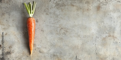 Single vibrant orange carrot with green tops placed on a textured gray concrete surface, ample negative space on the right for text inclusion. photo