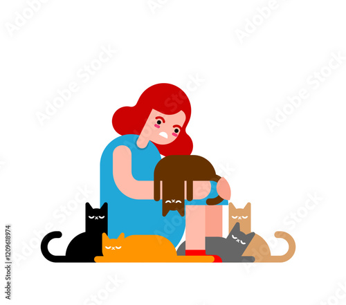 Lonely cat lady. Sad Girl with cats and feels lonely. Concept loneliness of a person