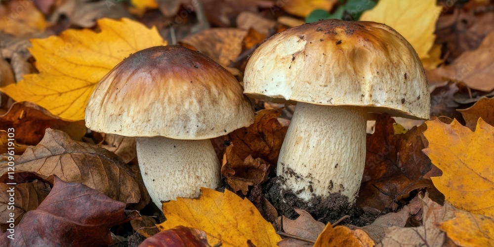 Two porcini mushrooms stand upright on the forest floor, surrounded by vibrant yellow and brown fallen leaves, creating a natural autumn scene.