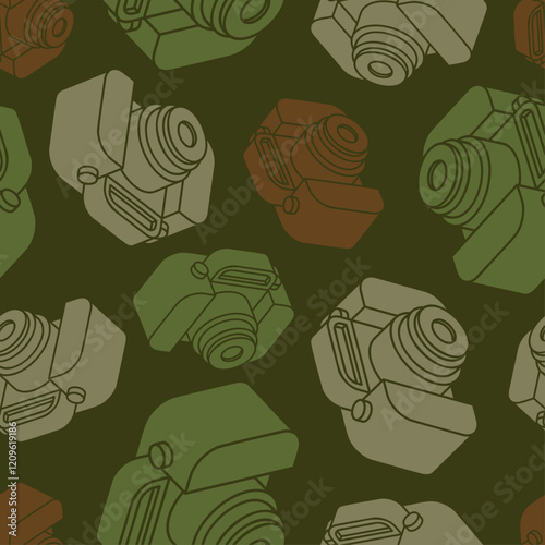 Retro camera Military pattern seamless. camera Army background. Protective Khaki Soldier and Fishing texture