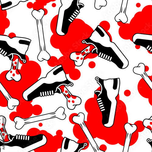 Severed foot in shoe pattern seamless. Bbone sticks out of sneaker background.