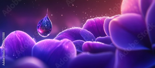 A single dewdrop rests on vibrant purple petals, creating a serene and magical scene.