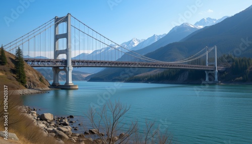 Golden suspension bridge over a calm blue river in mountains