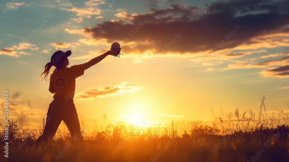 Fototapeta premium Silhouette of girl pitching softball at sunset.