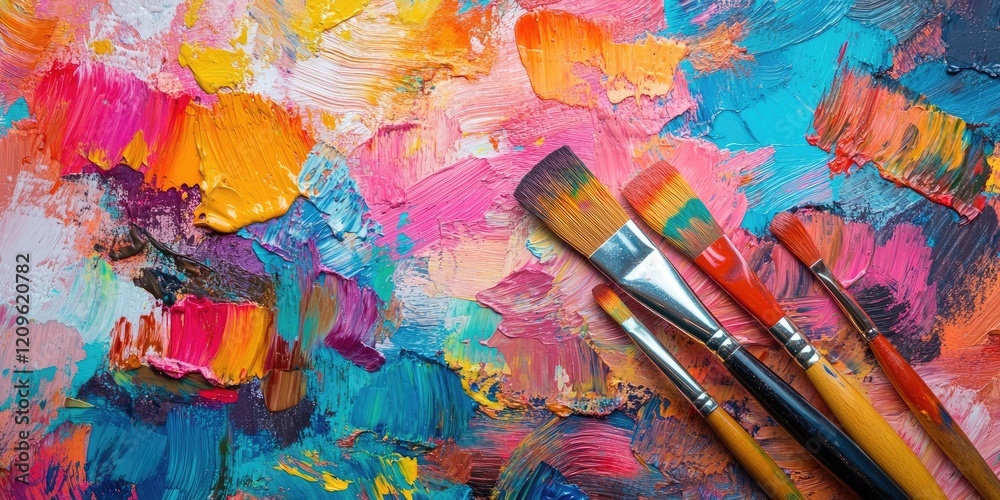 Obraz premium Colorful artist palette with vibrant strokes in shades of blue, pink, orange, and purple, featuring paintbrushes at the bottom right corner.