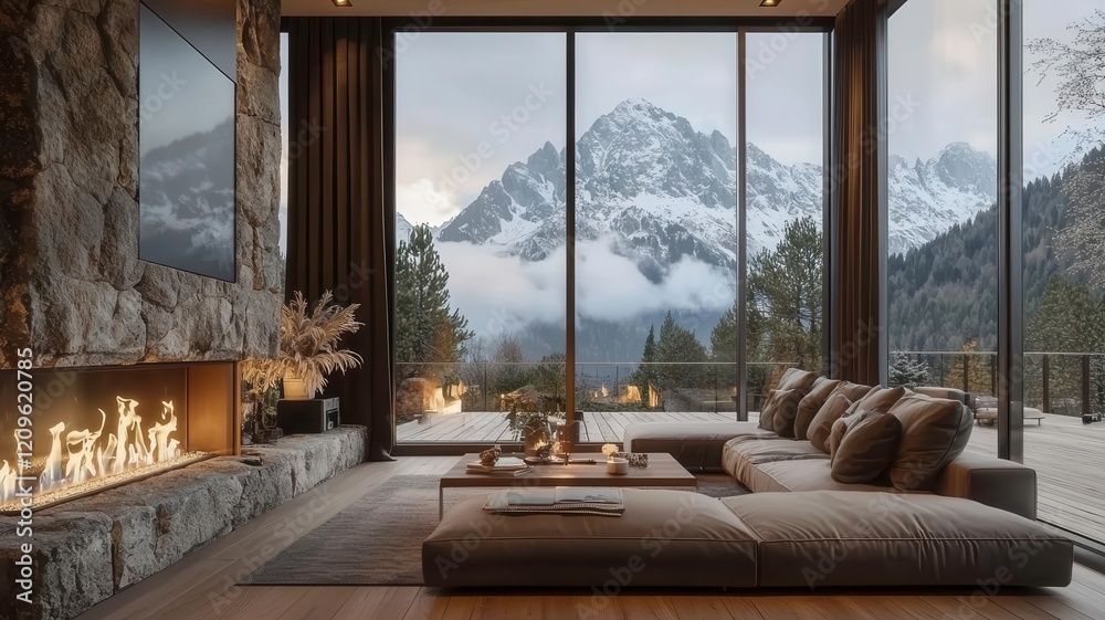 Mountain retreat living room interior concept. A cozy living room with a stone fireplace, featuring large windows overlooking snow-capped mountains and a serene natural landscape. Mountain retreat living room interior concept. A cozy living room with a stone fireplace, featuring large windows overlooking snow-capped mountains and a serene natural landscape.