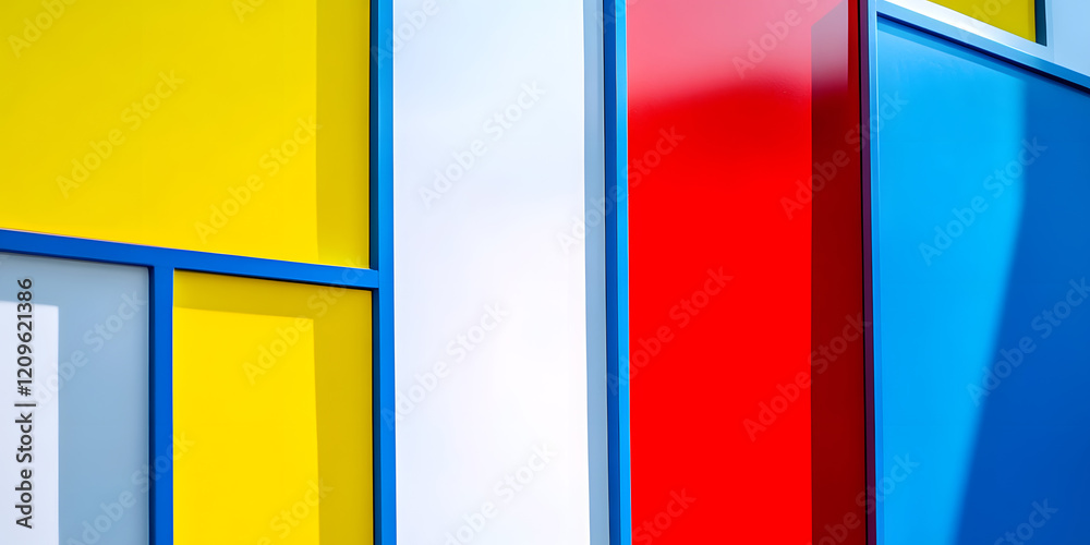 Bold geometric shapes intertwine in a vibrant display of primary colors, creating an artistic composition that captivates the eye with its minimalist flair. Primary colors : blue, yellow, red, white Bold geometric shapes intertwine in a vibrant display of primary colors, creating an artistic composition that captivates the eye with its minimalist flair. Primary colors : blue, yellow, red, white