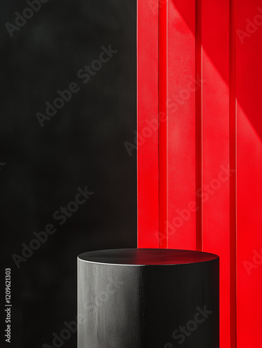 Black and red angular podium pedestal against abstract geometric background with dramatic contrast