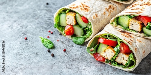 Vegan tortilla wraps with vibrant vegetables tofu cucumber baby spinach and cherry tomatoes arranged on a textured grey concrete background photo
