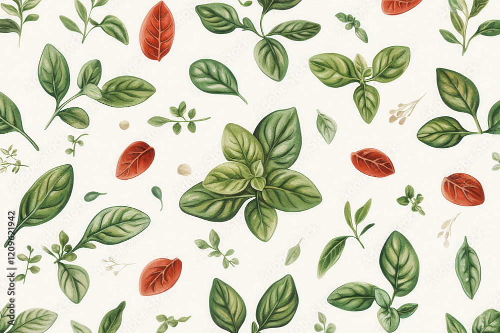 Herb leaves illustration with vibrant green and red tones Herb leaves illustration with vibrant green and red tones