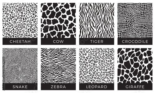 Seamless animal pattern. Black and white print. Cheetah, Cow, Tiger, Crocodile, Snake, Zebra, Leopard, Giraffe. Vector texture. 