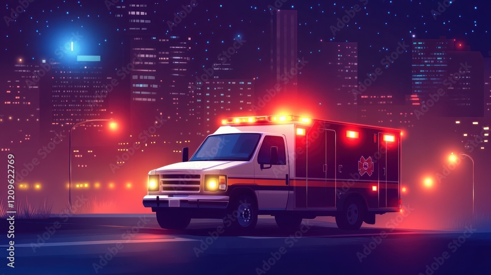 Night city emergency ambulance with flashing lights on road. Night city emergency ambulance with flashing lights on road.