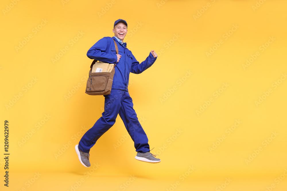 Happy postman with bag and envelopes jumping on yellow background, low angle view. Space for text Happy postman with bag and envelopes jumping on yellow background, low angle view. Space for text