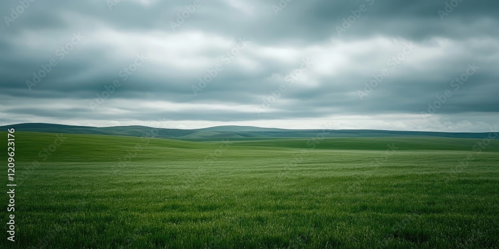 Fototapeta premium Expansive green field stretching across the foreground under a moody overcast sky with soft gray clouds creating a tranquil atmosphere