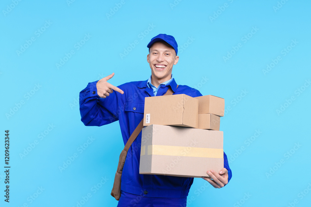 Happy postman pointing at parcels on light blue background Happy postman pointing at parcels on light blue background