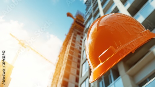 A hard hat is placed on a pole, prominently situated in front of a construction building, signaling safety and work in progress.