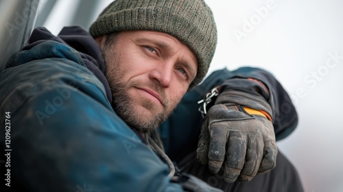 A man with a hat and gloves is casually leaning against a wall, showcasing a relaxed yet stylish demeanor in a simple urban setting.