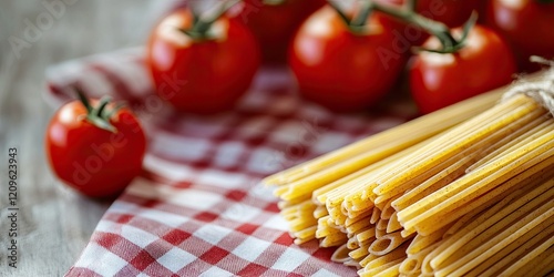 Whole wheat spaghetti and penne pasta with fresh cherry tomatoes on a red and white checkered tablecloth closeup with ample space for text. photo