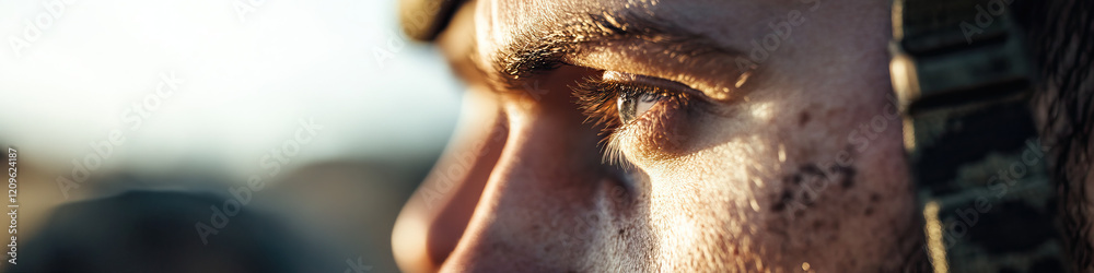 Close-up of a Man's Eye and Face with Dirt and Helmet Strap