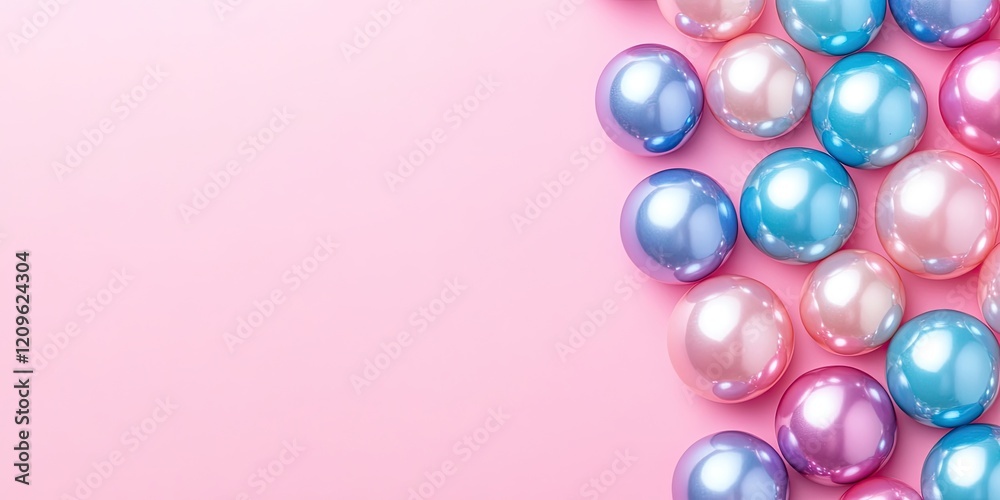 Shiny blue and pink pearls clustered on the left side of a soft pink background creating ample copy space on the right side for text placement Shiny blue and pink pearls clustered on the left side of a soft pink background creating ample copy space on the right side for text placement