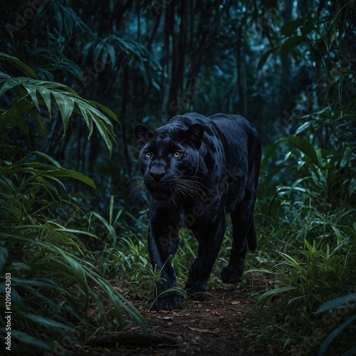 A sleek black panther prowling in the jungle at night. photo