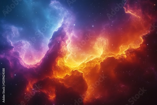 Cosmic Nebula vibrant, fiery and blue clouds of gas and dust in deep space.