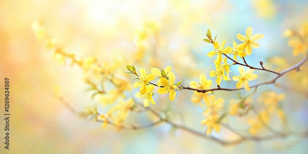 Blossoming yellow flowers on a delicate branch against a soft blurred pastel background with hints of blue and warm light. Blossoming yellow flowers on a delicate branch against a soft blurred pastel background with hints of blue and warm light.