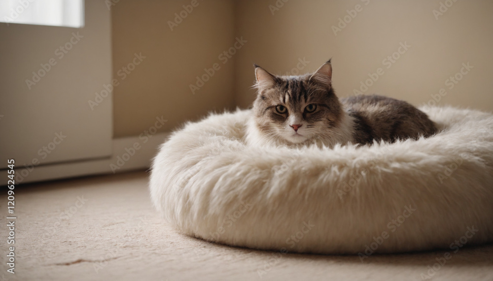 Long-Haired Tabby Cat, Looking at Camera, Cozy Bed Long-Haired Tabby Cat, Looking at Camera, Cozy Bed
